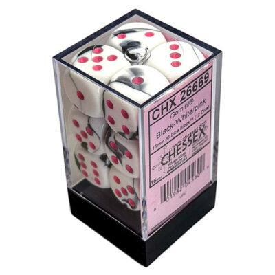 CHX26669a Chessex 26669 Gemini 16mm d6 Black-White/pink (12) Dice