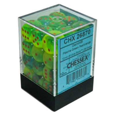 CHX26870a Chessex 26870 Gemini 12mm d6 Plasma Luminary Green-Teal/orange (36) Dice